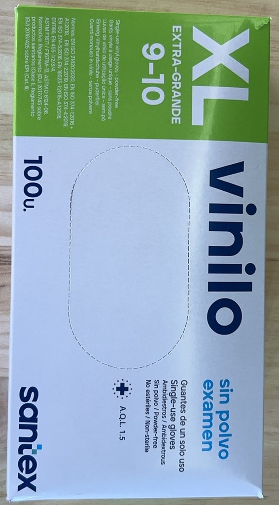GUANTES VINILO S/POLVO, AQL 1.5, T/XL, Cj. 100und