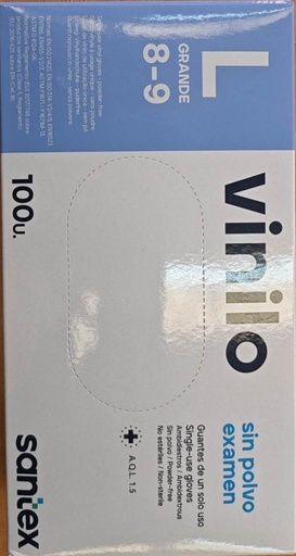 [266142] guantes vinilo s/polvo,aql1.5,t/L,cj.100und